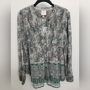 Knox Rose Olive Green Paisley Smocked Long Sleeve Top Sz S